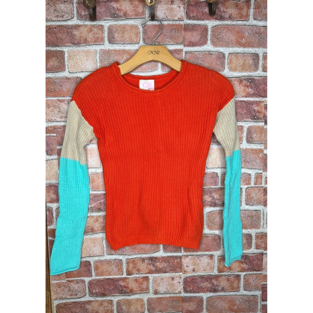 GB Girls Orange Colorblock Ribbed Knit Sweater Turquoise Tan Size Medium